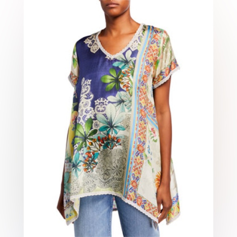Marron Printed V-Neck Short-Sleeve Silk Tunic-Medium